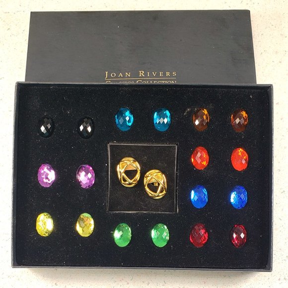 Vintage Signed Joan Rivers Set of 9 Interchangeable Cabochon Clip On Earrings - Picture 3 of 12